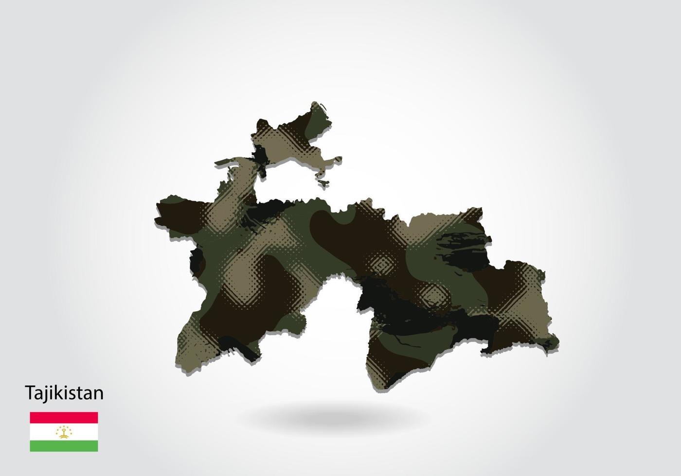 Tadzjikistan kaart met camouflage patroon, bos - groene textuur in kaart. militair concept voor leger, soldaat en oorlog. wapenschild, vlag. vector