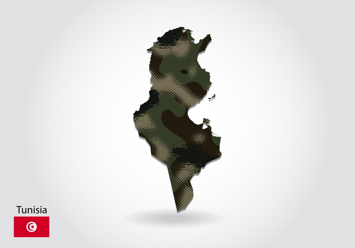 tunesië kaart met camouflage patroon, bos - groene textuur in kaart. militair concept voor leger, soldaat en oorlog. wapenschild, vlag. vector