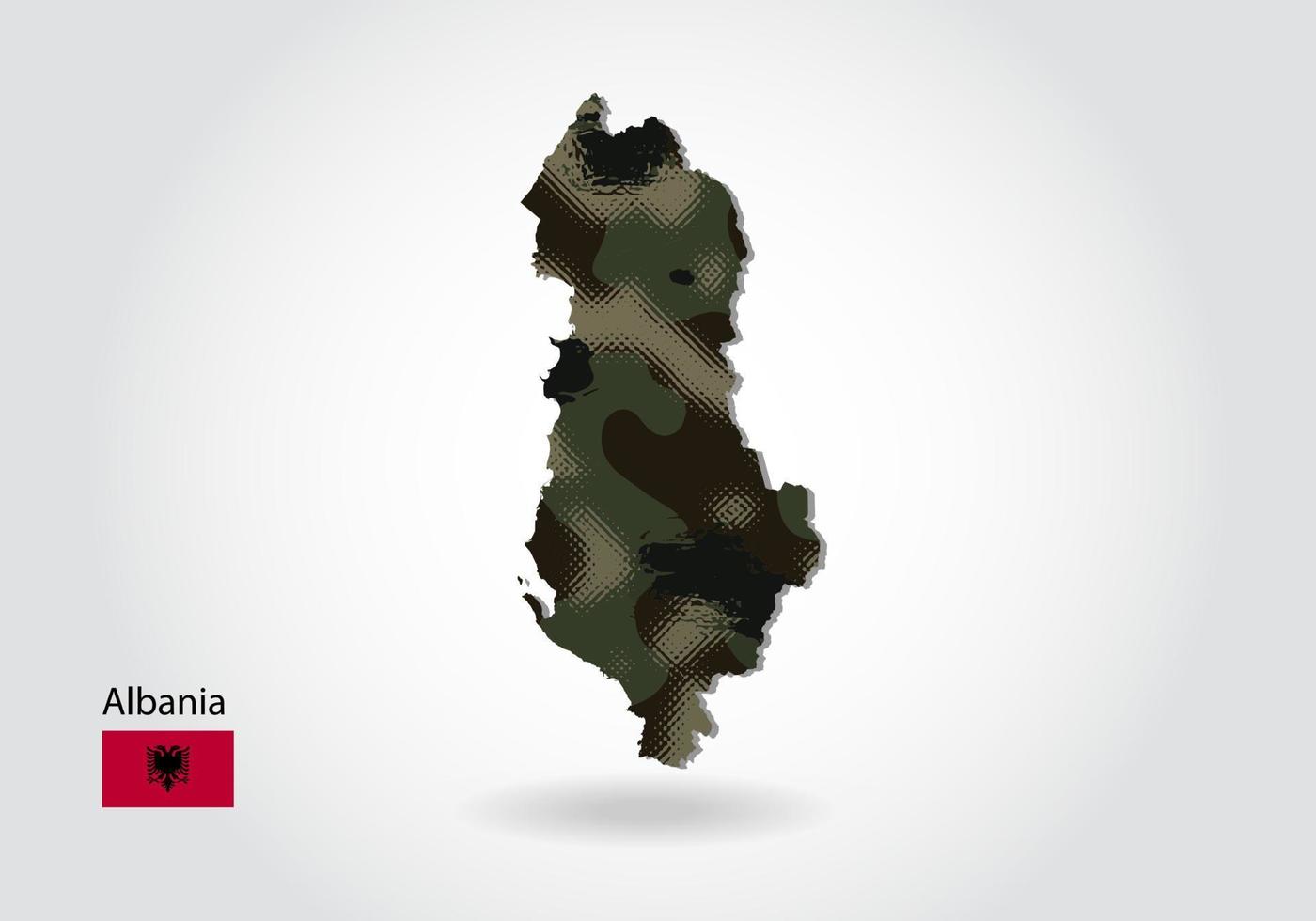 Albanië kaart met camouflage patroon, bos groene textuur in kaart. militair concept voor leger, soldaat en oorlog. wapenschild, vlag. vector