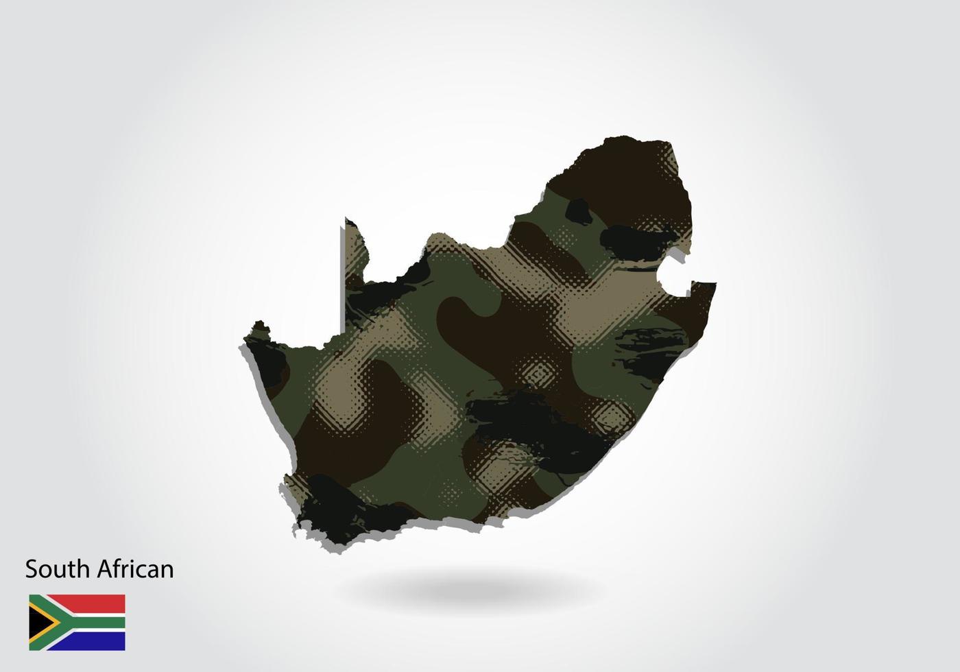 Zuid-Afrikaanse kaart met camouflagepatroon, bos - groene textuur in kaart. militair concept voor leger, soldaat en oorlog. wapenschild, vlag. vector