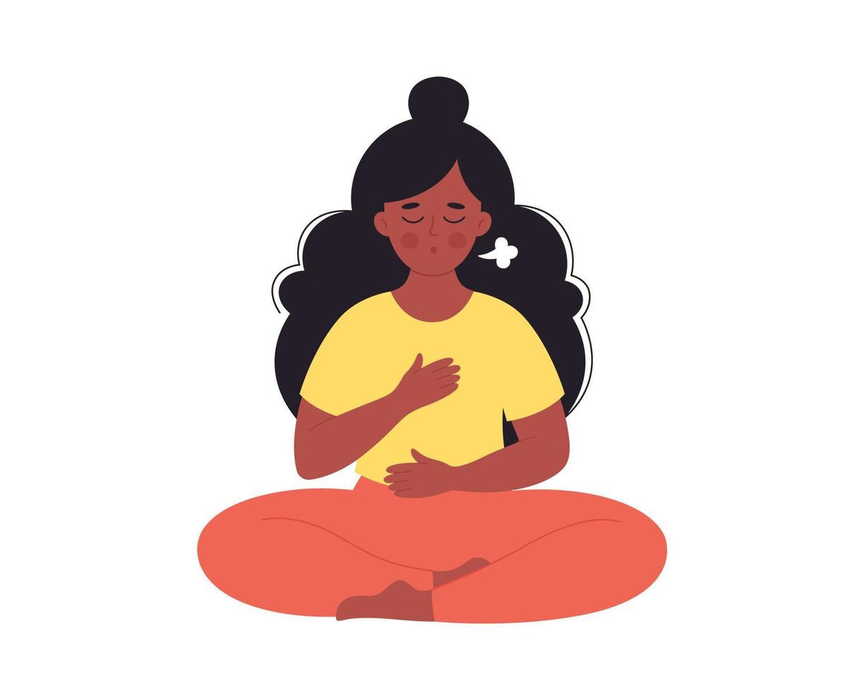zwarte vrouw die ademhalingsoefening doet. vrouw mediteren in lotus houding. vector