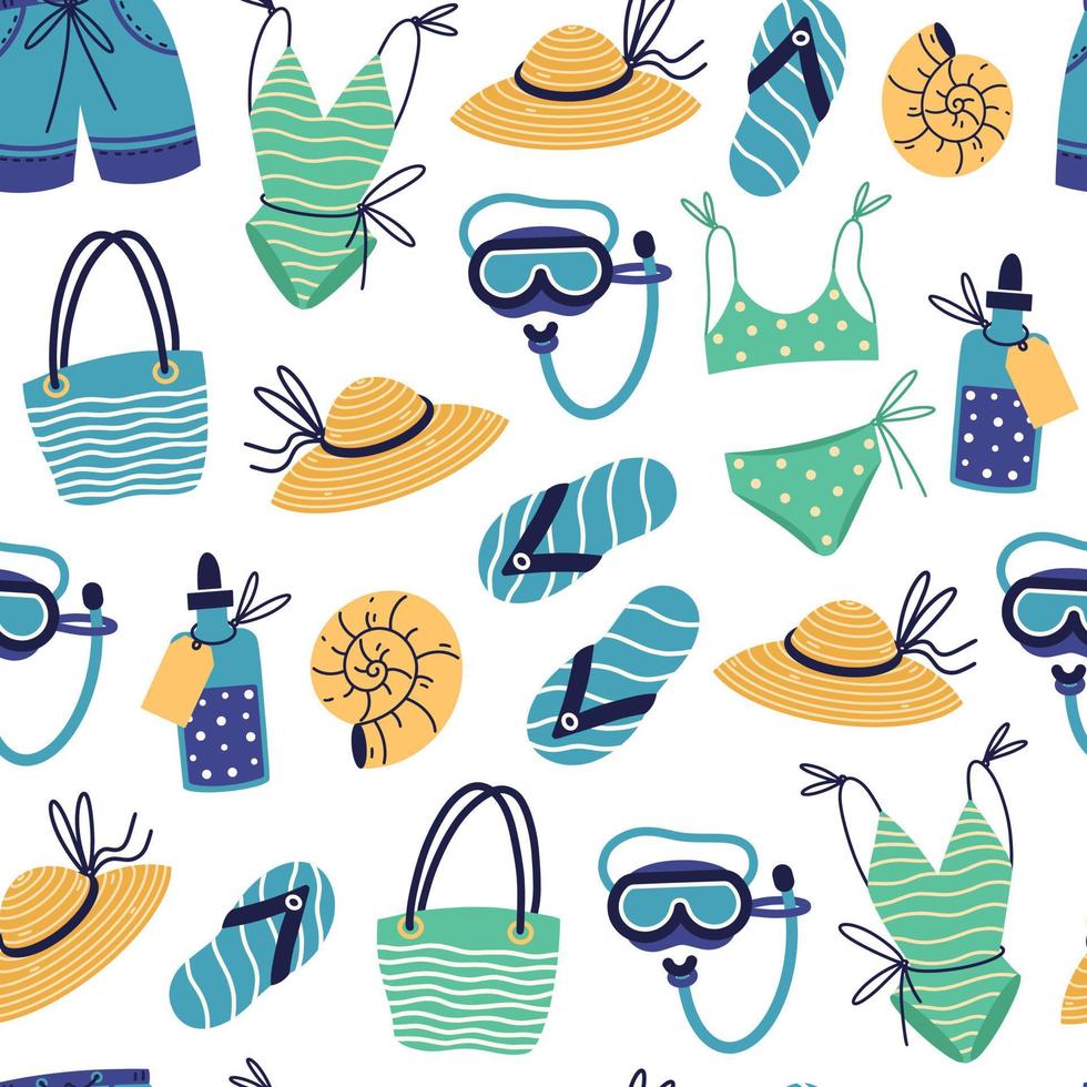 strandvakantie kleding en accessoires naadloze vector patroon. attributen voor zeevakanties - zwempak, zwembroek, pantoffels, hoed, duikmasker, zonnebrandcrème. platte cartoonstijl