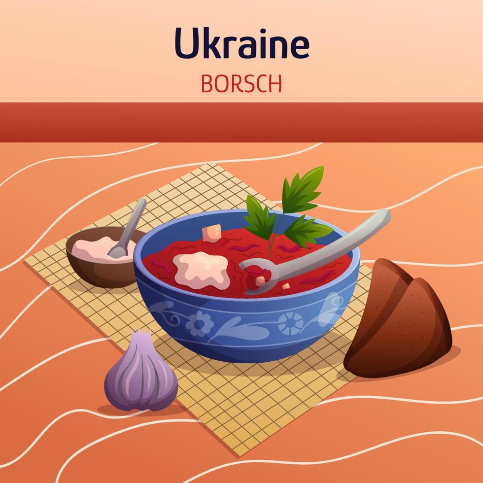 Oekraïense etnische keukensamenstelling met borsch, kom zure room, bruin roggebrood en knoflook. concept platte hand getekende vectorillustratie. voedsel gerechten kunst. vector