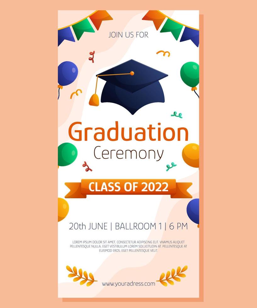 diploma-uitreiking verticale banner met pet, ballon en slingers. vector lay-out uitnodiging sjabloon. diploma-uitreiking uitnodigen. student groet ontwerp.