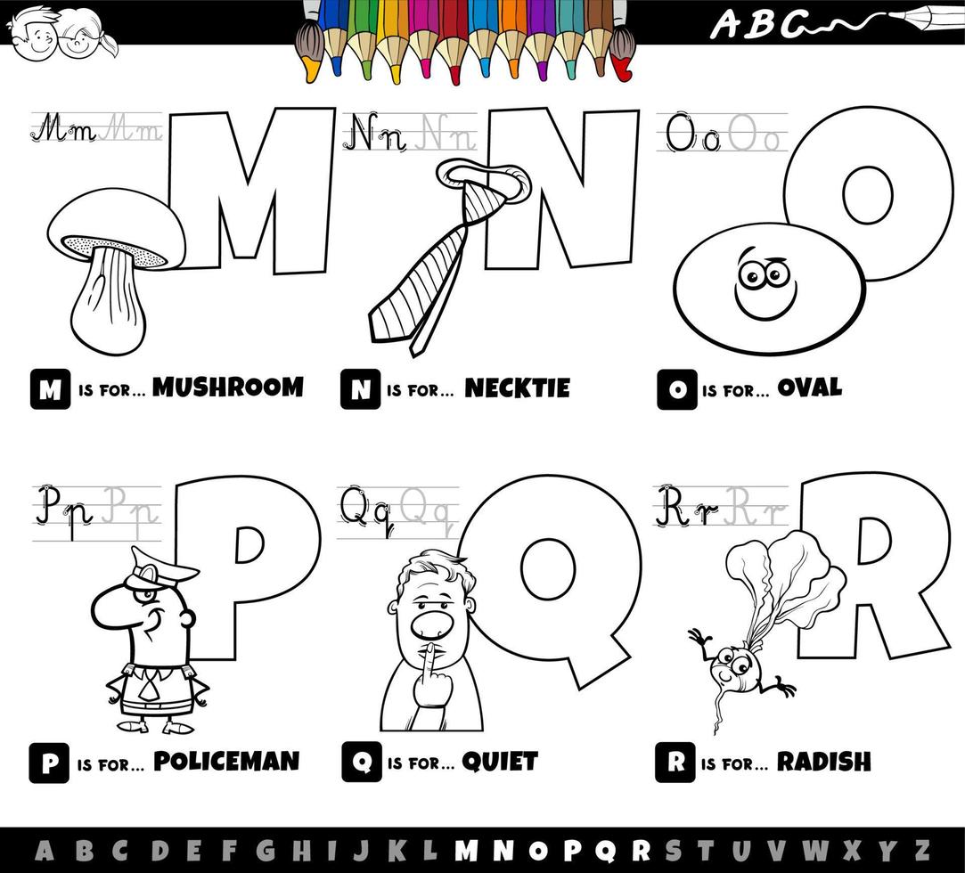 educatieve alfabet letters cartoon set van m tot r kleurboek pagina vector