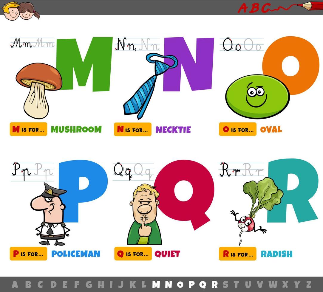 educatieve cartoon Alfabetletters voor kinderen van m tot r vector