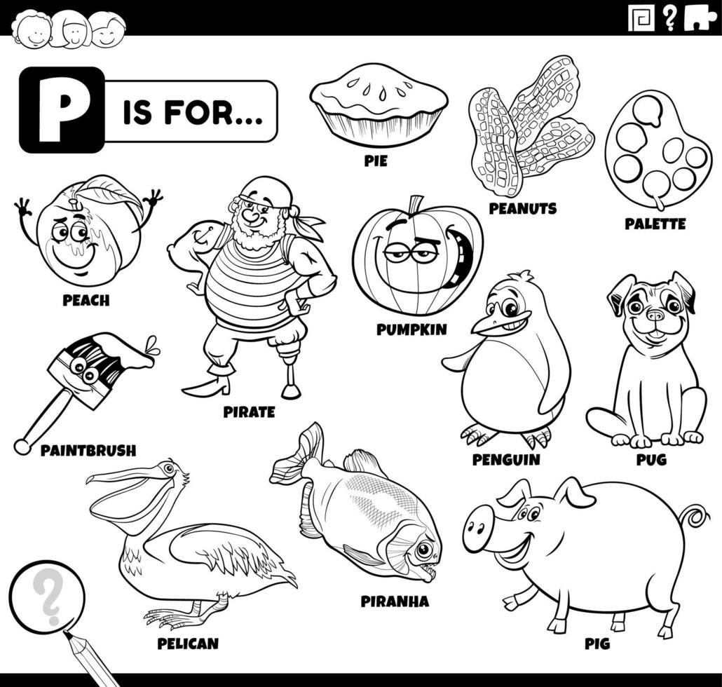 letter p woorden educatieve set kleurboekpagina vector