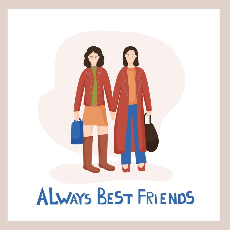beste vrienden voor altijd. vector tekens hand in hand. samen wandelen en winkelen. straat casual mode