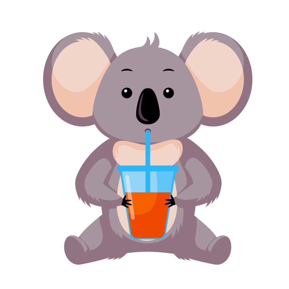 schattige koala drinken sap geïsoleerd op een witte achtergrond. lachende stripfiguur zit gelukkig. vector