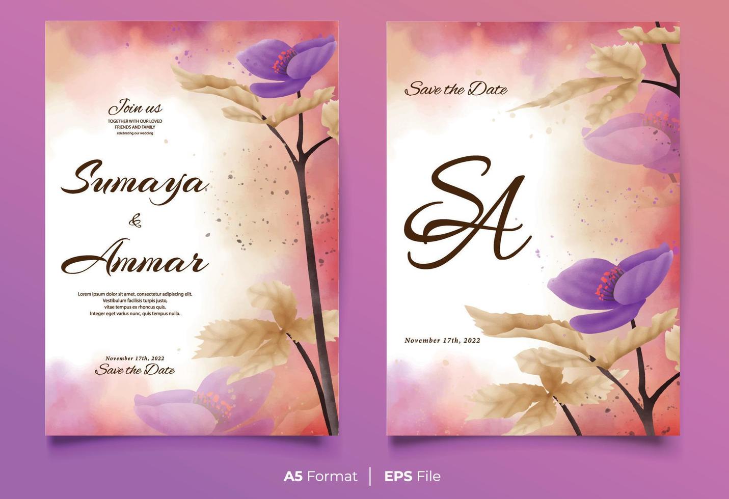 aquarel bruiloft uitnodiging sjabloon met paars en bruin bloem ornament vector