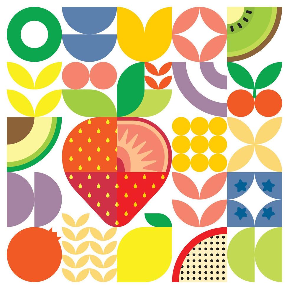 geometrische zomer vers fruit gesneden kunstwerk poster met kleurrijke eenvoudige vormen. Scandinavische stijl plat abstract vector patroon ontwerp. minimalistische illustratie van een rode aardbei op een witte achtergrond.