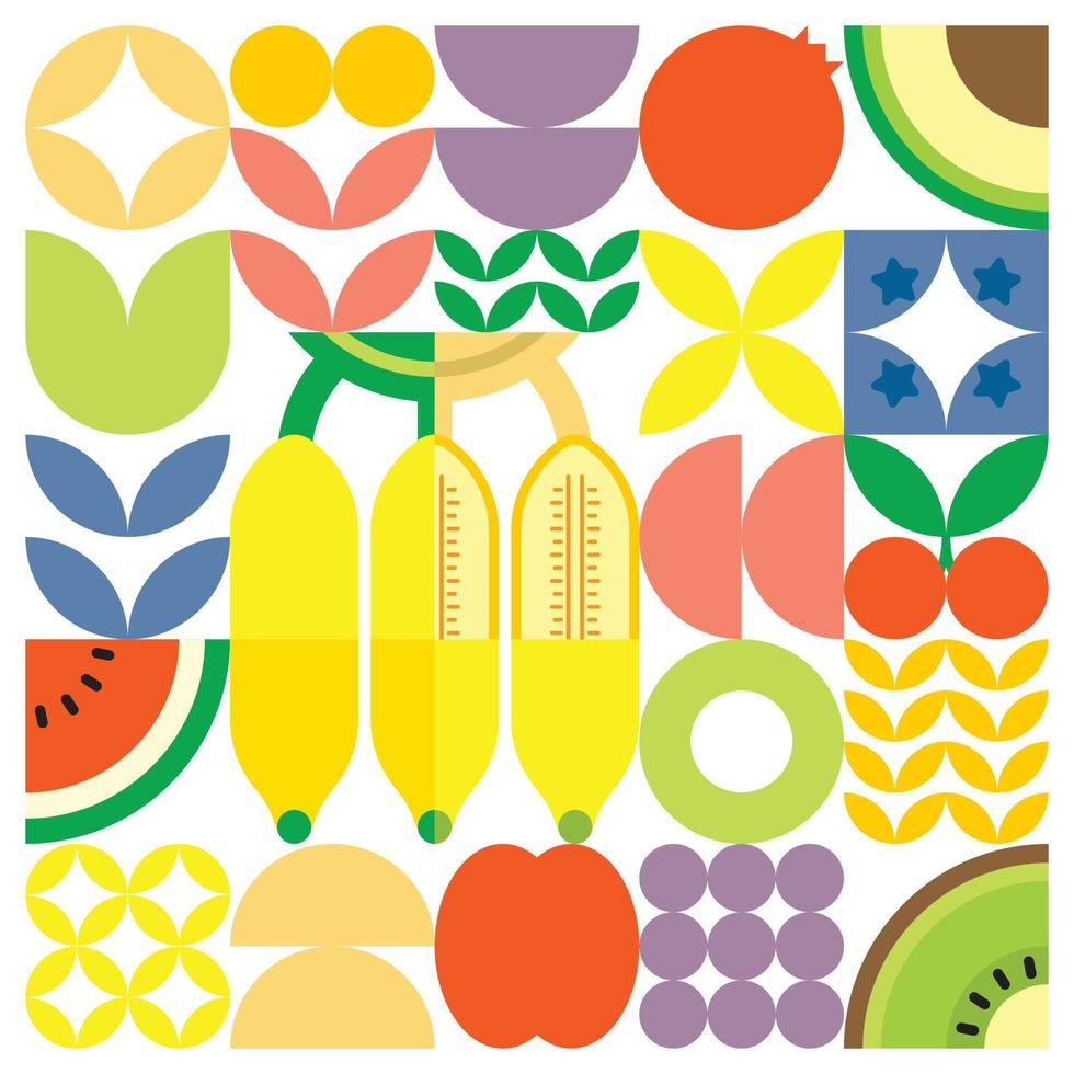 geometrische zomer vers fruit gesneden kunstwerk poster met kleurrijke eenvoudige vormen. Scandinavische stijl plat abstract vector patroon ontwerp. minimalistische afbeelding van een rijpe banaan op een witte achtergrond.