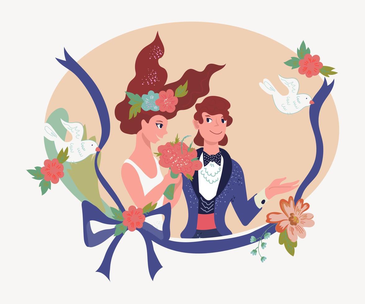 bruiloft uitnodiging kaartsjabloon met schattige karakters van bruid en bruidegom, duiven en bloemen platte vectorillustratie geïsoleerd op een witte achtergrond. klaar ontwerp voor save the date-kaarten. vector