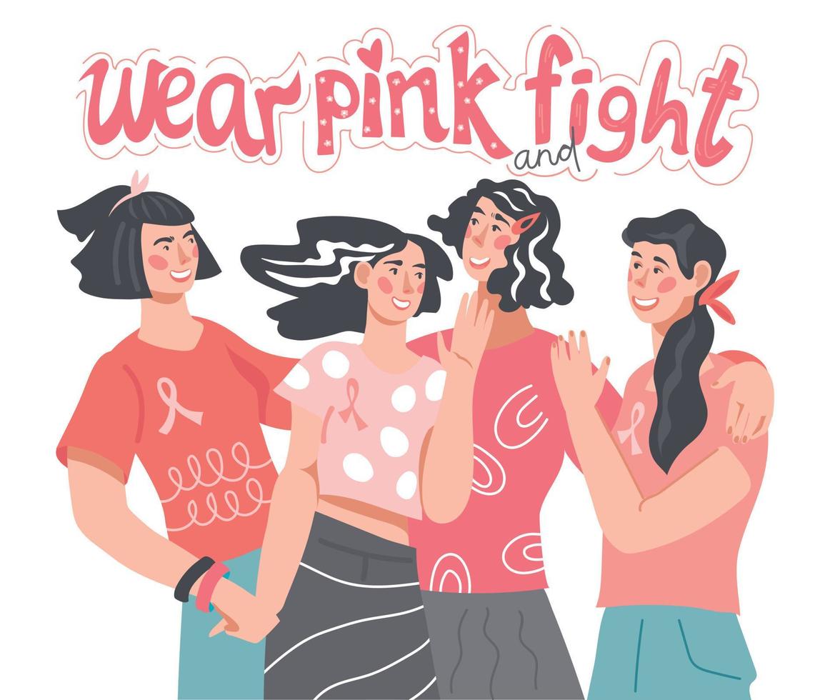 vrouwen dragen roze linten en t-shirts - spandoek voor de bewustmakingsdag van borstkanker. motiverende slogan om kanker te bestrijden, sociale steun, solidariteit en liefdadigheid. platte vectorillustratie geïsoleerd. vector