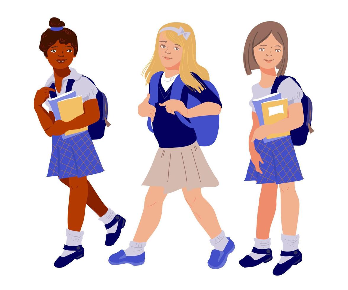 diverse schoolmeisjes of leerlingen, Kaukasisch en zwart gevild of Afro-Amerikaans, naar school gaan platte vectorillustratie geïsoleerd op een witte achtergrond. terug naar school herfst seizoen en kinderen diversiteit. vector