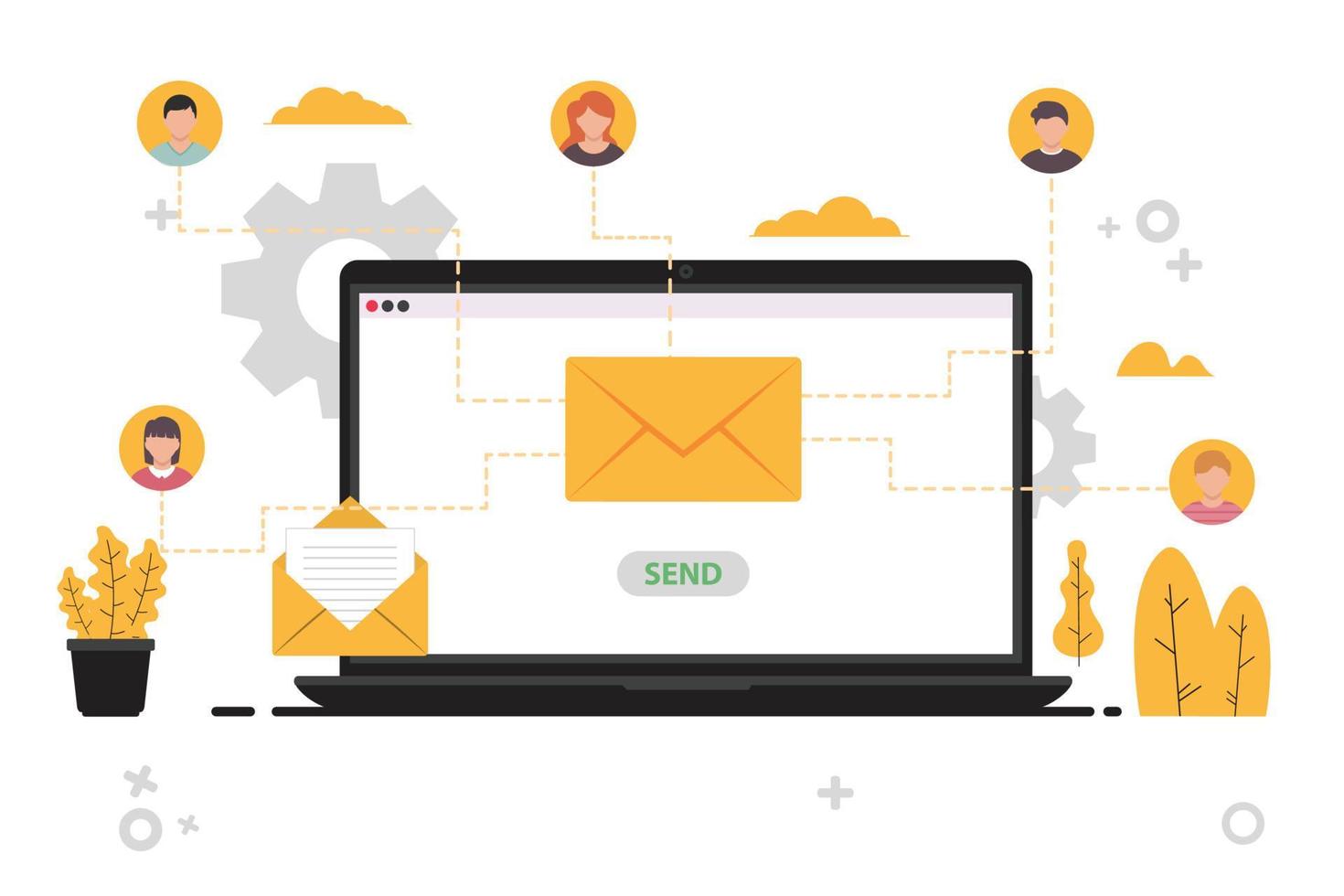 mail service concept geel met computer laptop illustratie vector