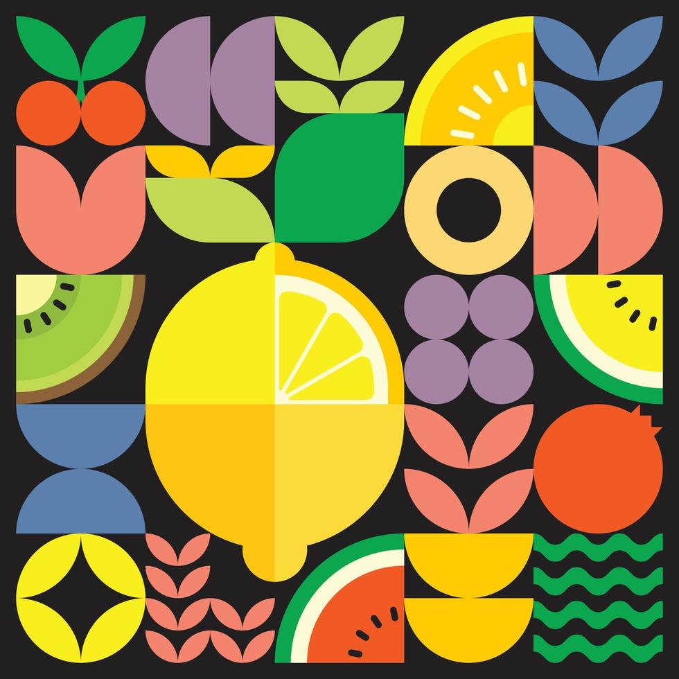 geometrische zomer vers fruit gesneden kunstwerk poster met kleurrijke eenvoudige vormen. Scandinavische stijl plat abstract vector patroon ontwerp. minimalistische illustratie van een gele citroen op een zwarte achtergrond.