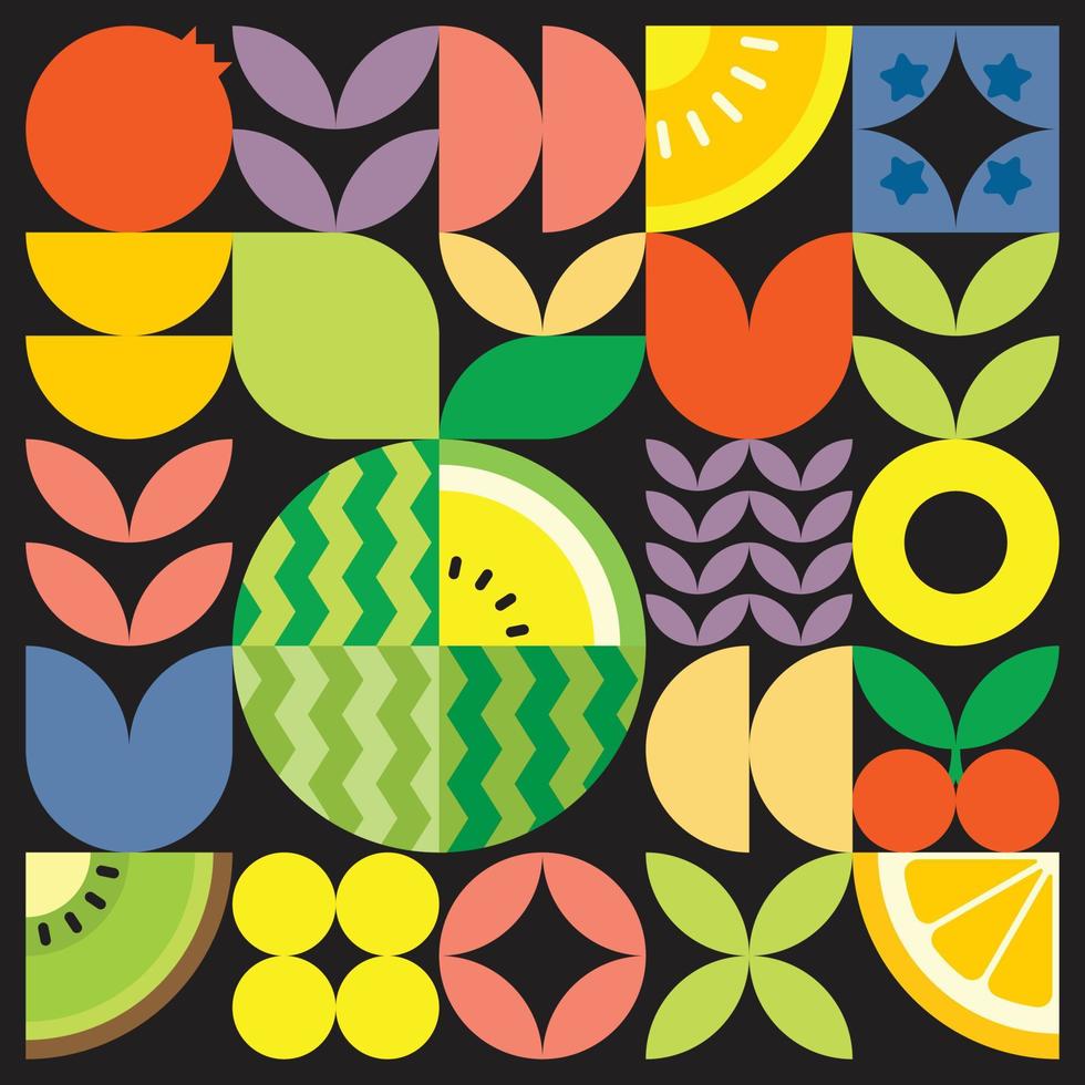 geometrische zomer vers fruit kunstwerk poster met kleurrijke eenvoudige vormen. Scandinavische stijl plat abstract vector patroon ontwerp. minimalistische illustratie van een gele watermeloen op een zwarte achtergrond.