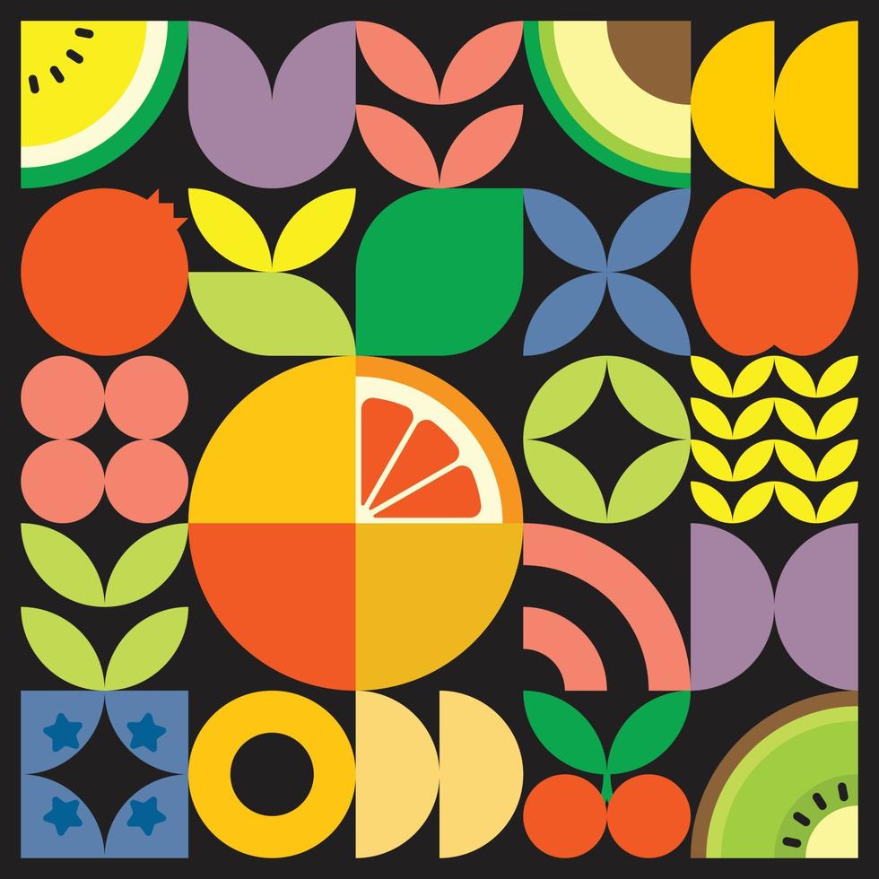 geometrische zomer vers fruit gesneden kunstwerk poster met kleurrijke eenvoudige vormen. Scandinavische stijl plat abstract vector patroon ontwerp. minimalistische illustratie van een grapefruit ruby op een zwarte achtergrond.