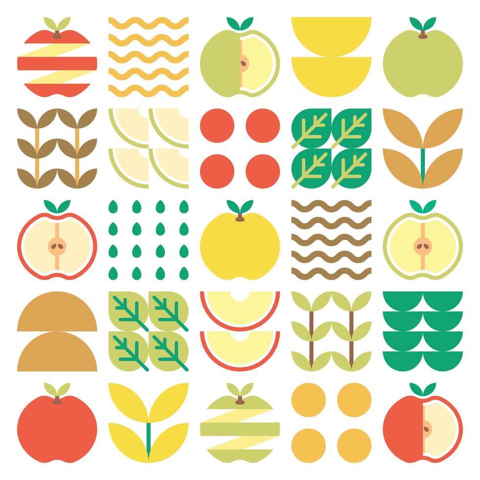 appelpictogram abstracte kunstwerken. ontwerp illustratie van kleurrijk appelpatroon, bladeren en geometrische symbolen in minimalistische stijl. heel fruit, gesneden en gespleten. eenvoudige platte vector op een witte achtergrond.
