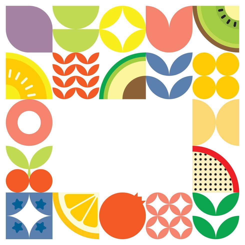 geometrische zomer vers fruit gesneden kunstwerk poster met kleurrijke eenvoudige vormen. Scandinavisch gestileerd plat abstract vectorpatroonontwerp. minimalistische illustratie van fruit en bladeren op een witte achtergrond. vector