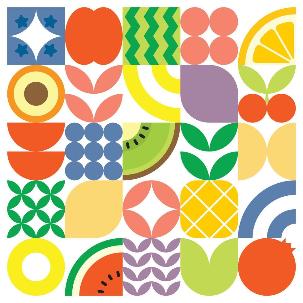geometrische zomer vers fruit gesneden kunstwerk poster met kleurrijke eenvoudige vormen. Scandinavisch gestileerd plat abstract vectorpatroonontwerp. minimalistische illustratie van fruit en bladeren op een witte achtergrond. vector