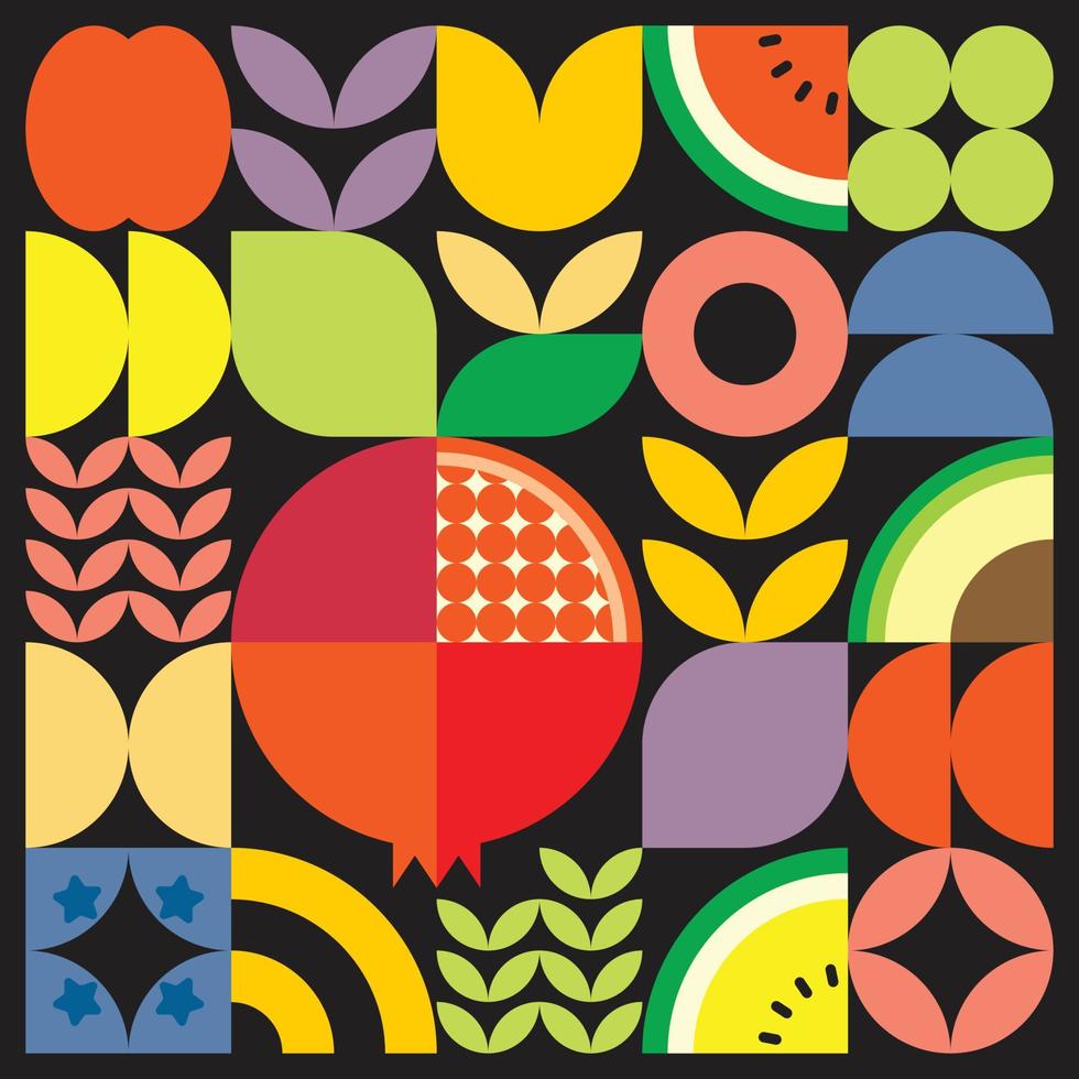 geometrische zomer vers fruit kunstwerk poster met kleurrijke eenvoudige vormen. Scandinavisch gestileerd plat abstract vectorpatroonontwerp. minimalistische illustratie van een rode granaatappel op een zwarte achtergrond. vector