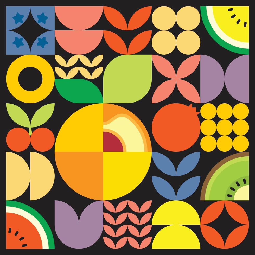 geometrische zomer vers fruit gesneden kunstwerk poster met kleurrijke eenvoudige vormen. Scandinavische stijl plat abstract vector patroon ontwerp. minimalistische illustratie van een abrikoos op een zwarte achtergrond.