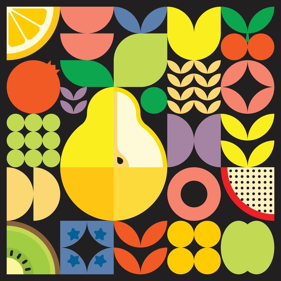 geometrische zomer vers fruit gesneden kunstwerk poster met kleurrijke eenvoudige vormen. Scandinavische stijl plat abstract vector patroon ontwerp. minimalistische illustratie van een gele peer op een zwarte achtergrond.