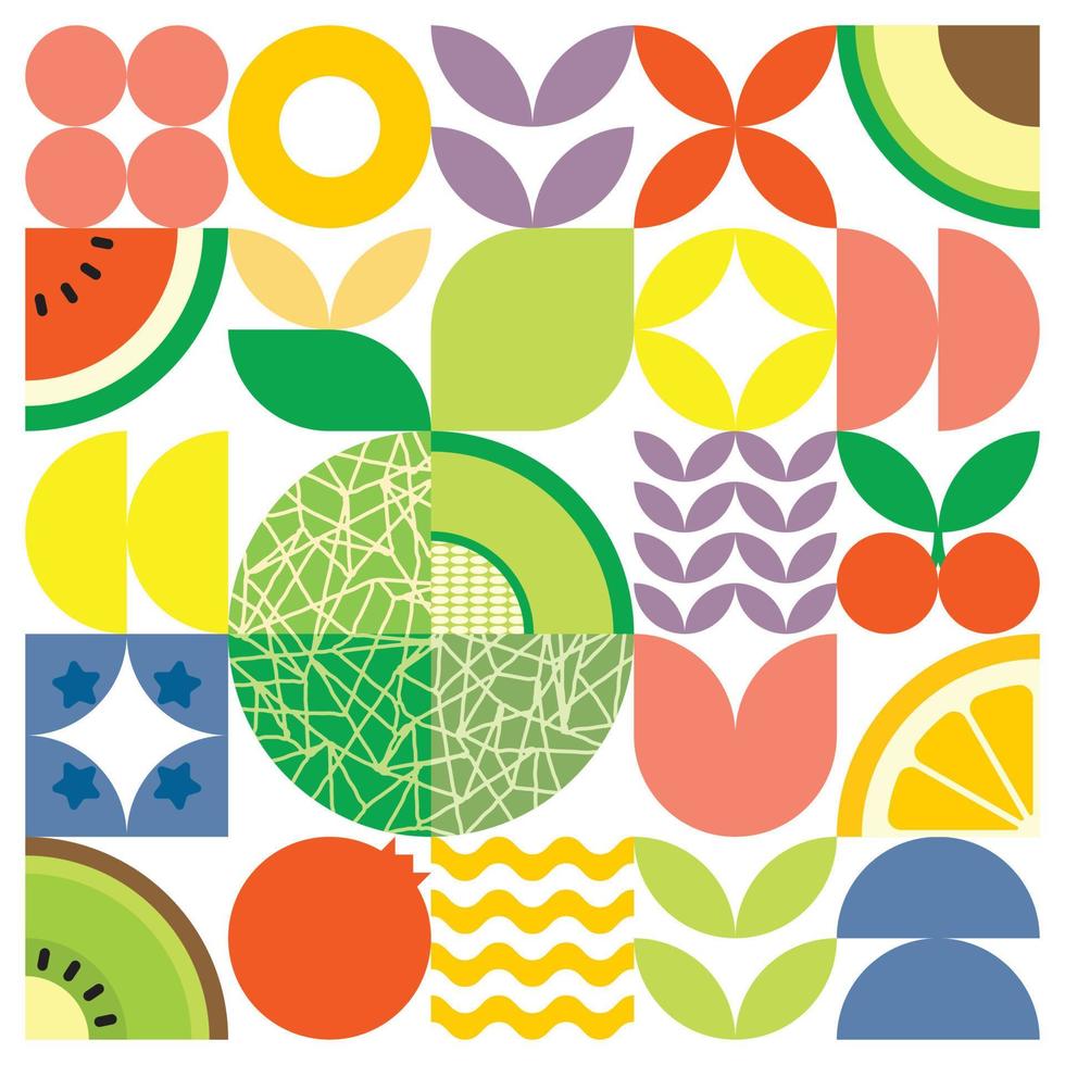 geometrische zomer vers fruit gesneden kunstwerk poster met kleurrijke eenvoudige vormen. Scandinavische stijl plat abstract vector patroon ontwerp. minimalistische illustratie van een groene meloen op een witte achtergrond.