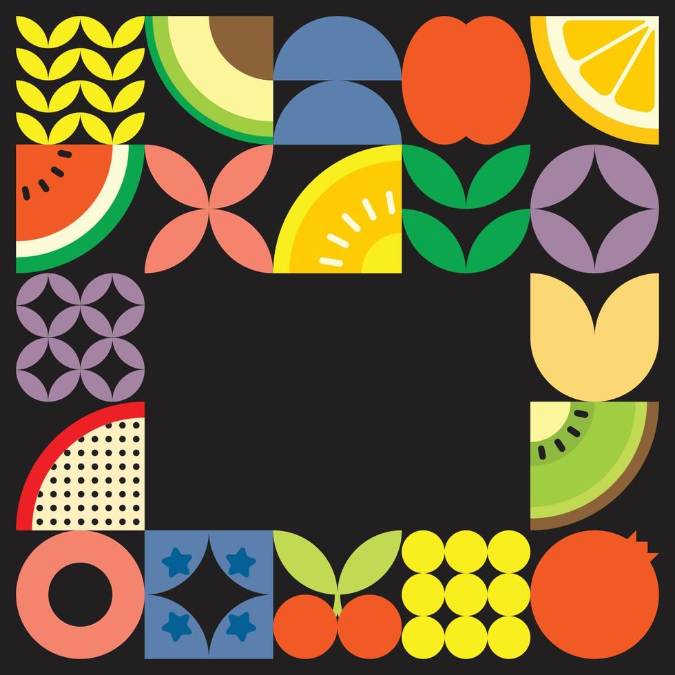 geometrische zomer vers fruit gesneden kunstwerk poster met kleurrijke eenvoudige vormen. Scandinavisch gestileerd plat abstract vectorpatroonontwerp. minimalistische illustratie van fruit en bladeren op zwarte achtergrond. vector