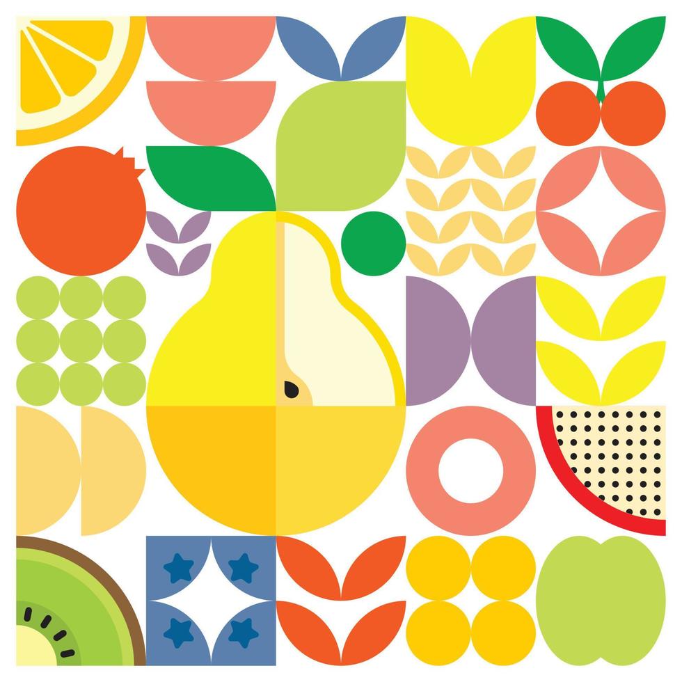 geometrische zomer vers fruit gesneden kunstwerk poster met kleurrijke eenvoudige vormen. Scandinavische stijl plat abstract vector patroon ontwerp. minimalistische illustratie van een gele peer op een witte achtergrond.