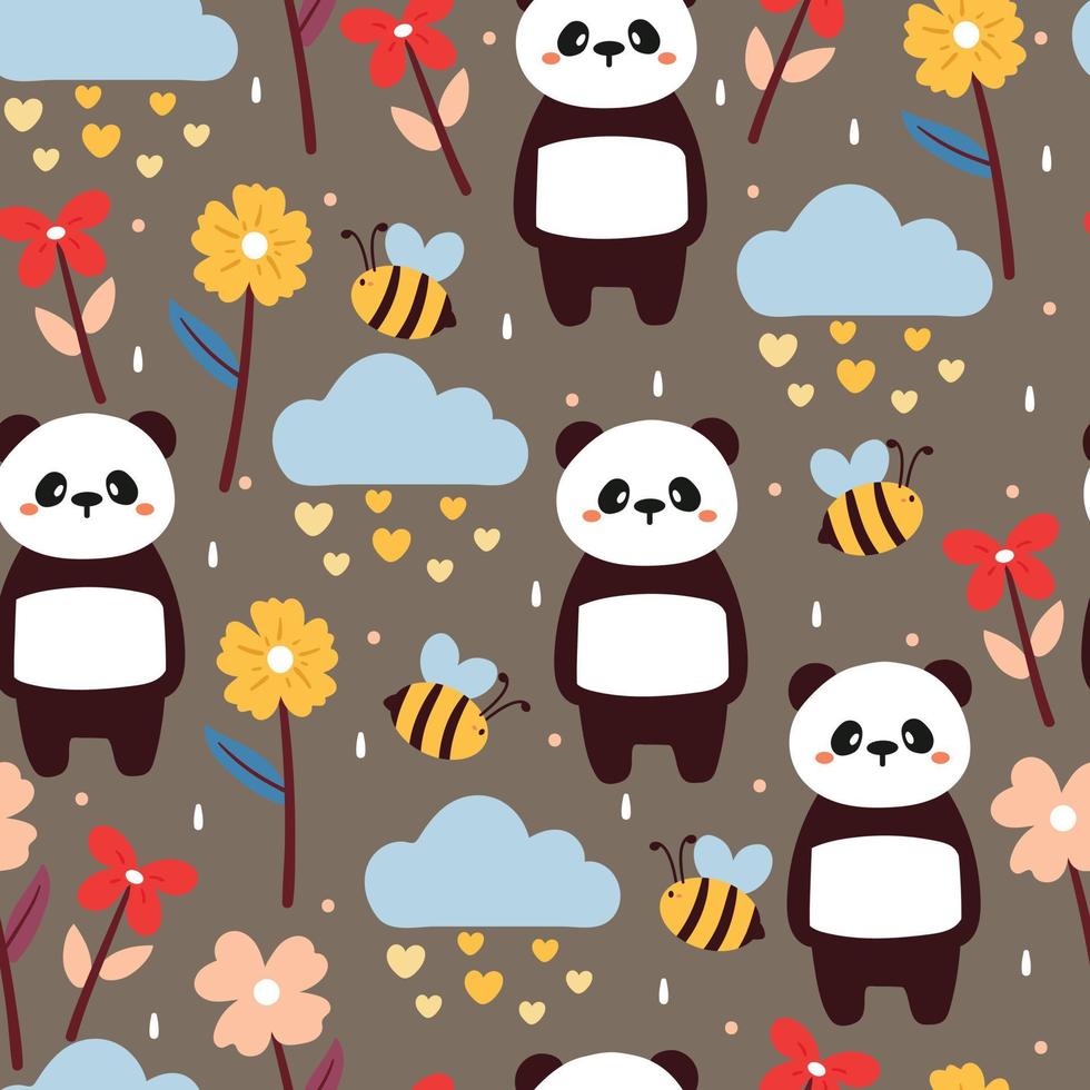 naadloze patroon cartoon panda, bij en plant. voor kinderen behang, stoffenprint, cadeaupapier vector
