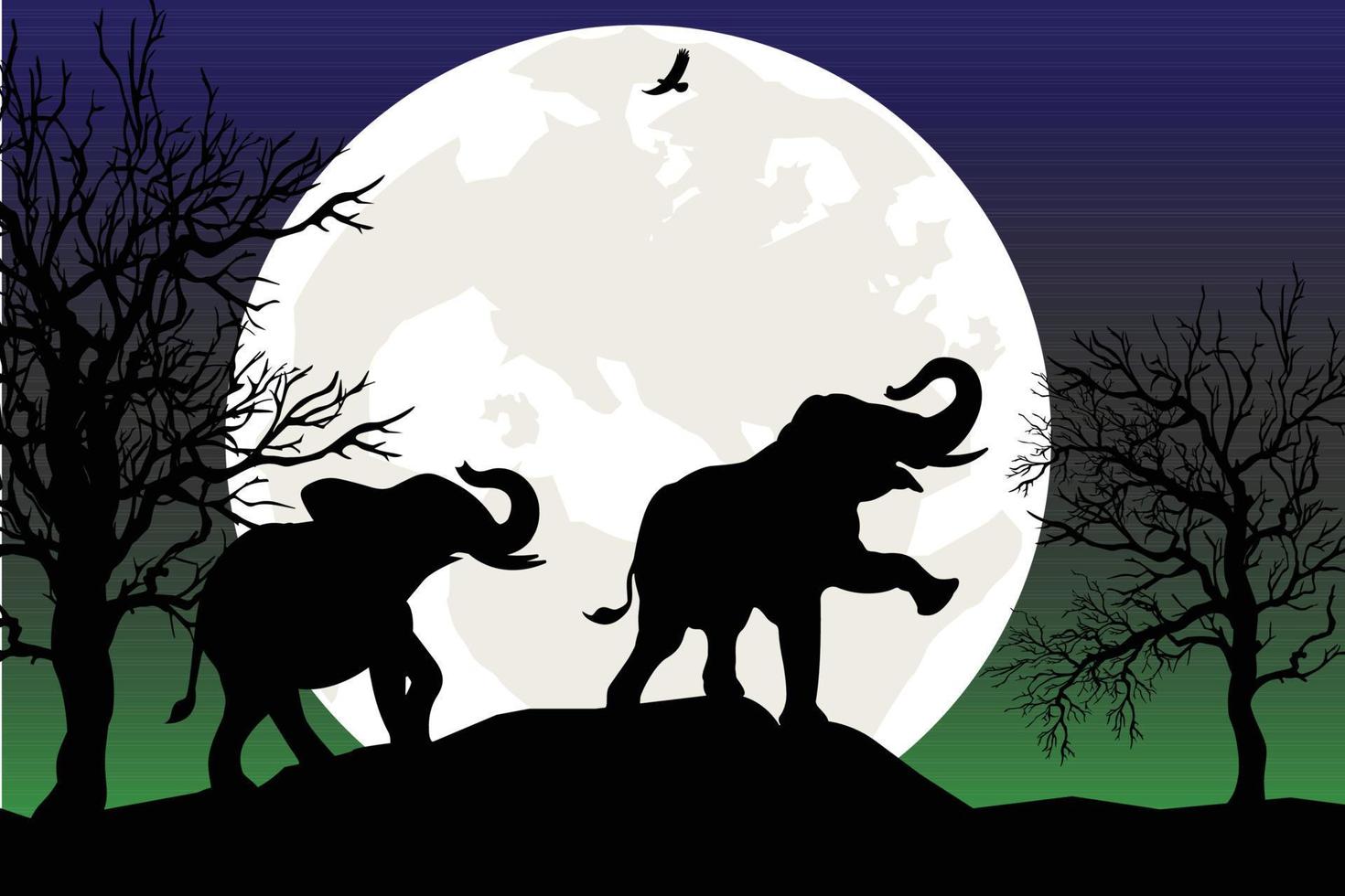 schattig olifant dier en maan silhouet vector