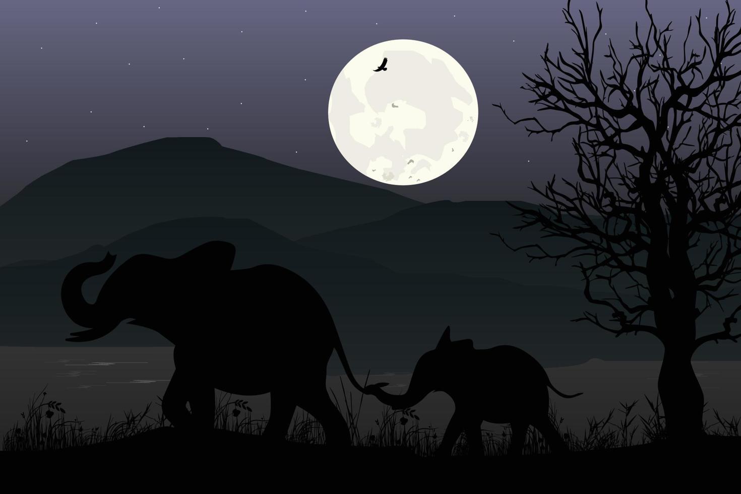 schattige olifant en maan silhouet afbeelding vector