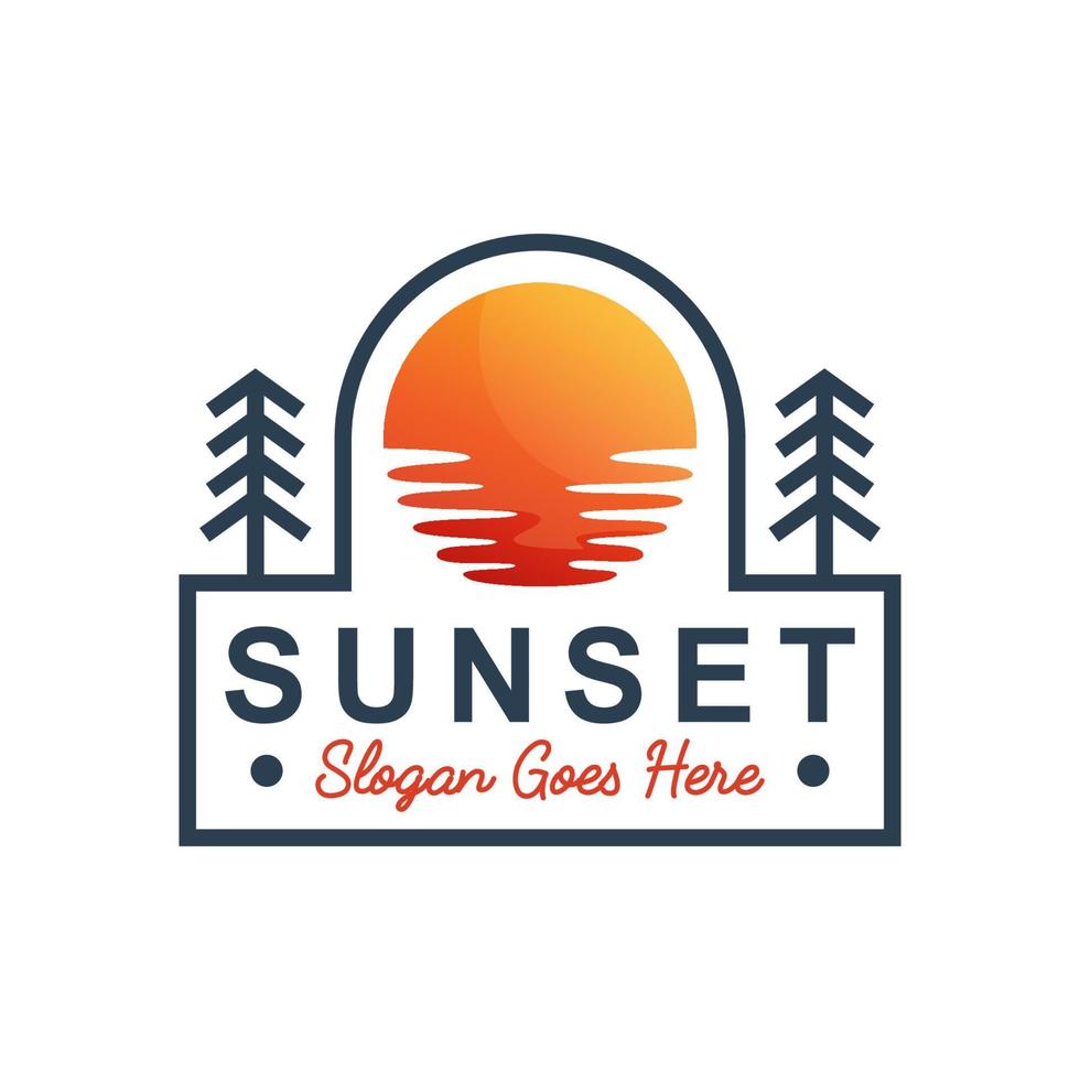 zonsondergang met boom of palm logo ontwerp, zomer strand logo ontwerp vector sjabloon