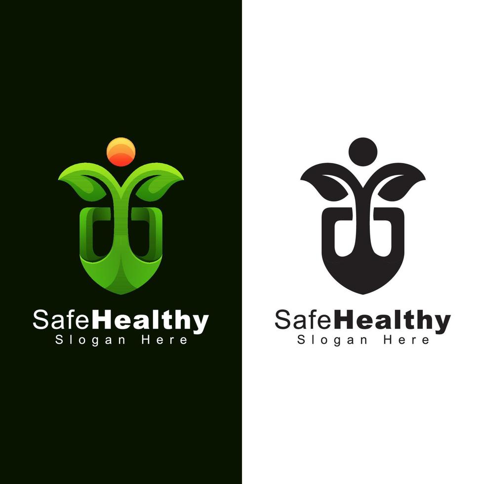 veilig gezond logo, menselijk blad met schildlogo-ontwerp twee versies vector