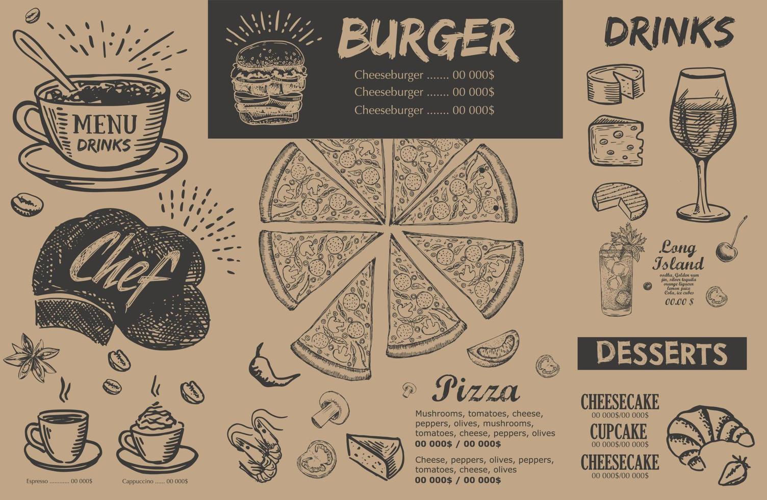 restaurantmenu, sjabloonontwerp... voedselflyer. handgetekende stijl. vectorillustratie. vector