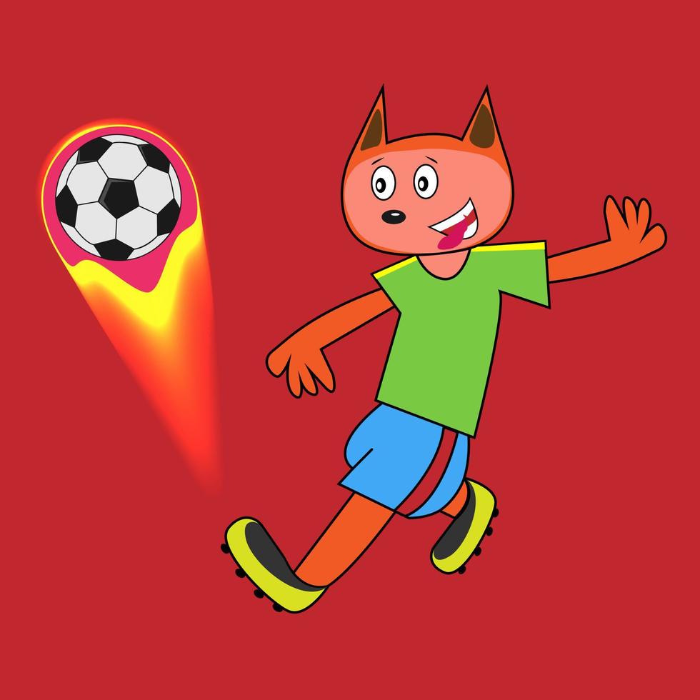 een cartoonvos in een sport-t-shirt en korte broek schopt de bal tijdens het voetballen. dynamische vectorillustratie. vector