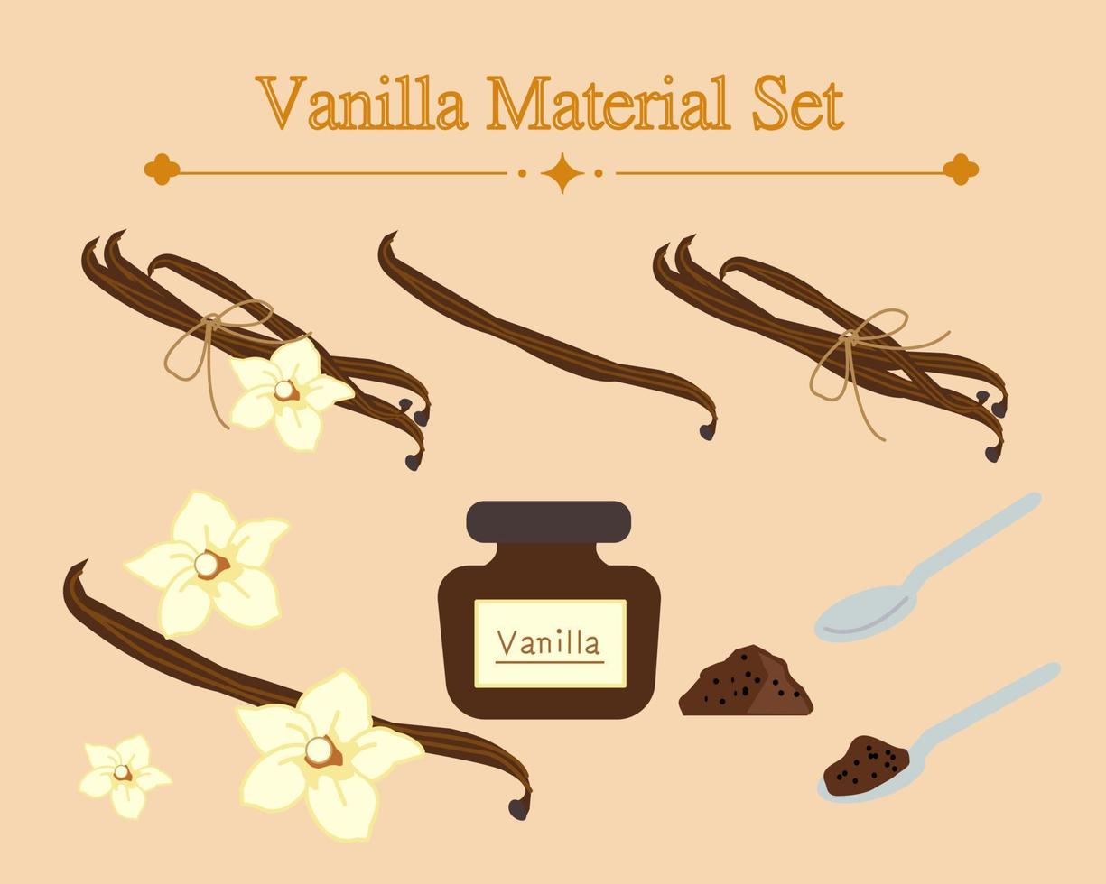 vanillebloemen en vanillestokjes of bonen, vanille-extract. de smaak van ijs. vector set
