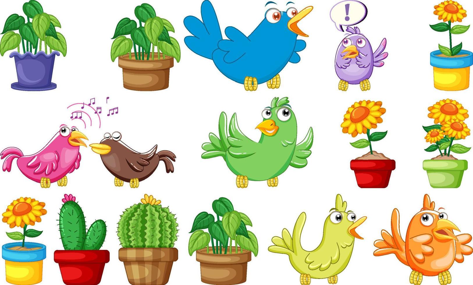 verschillende planten en schattige vogels vector