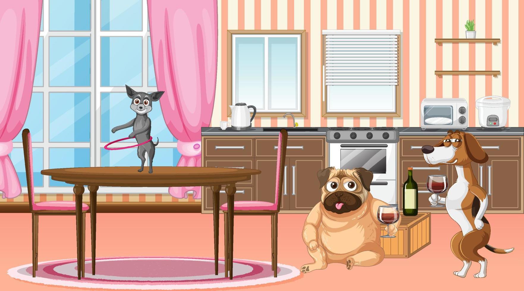 in-house scene met honden die wijn drinken vector