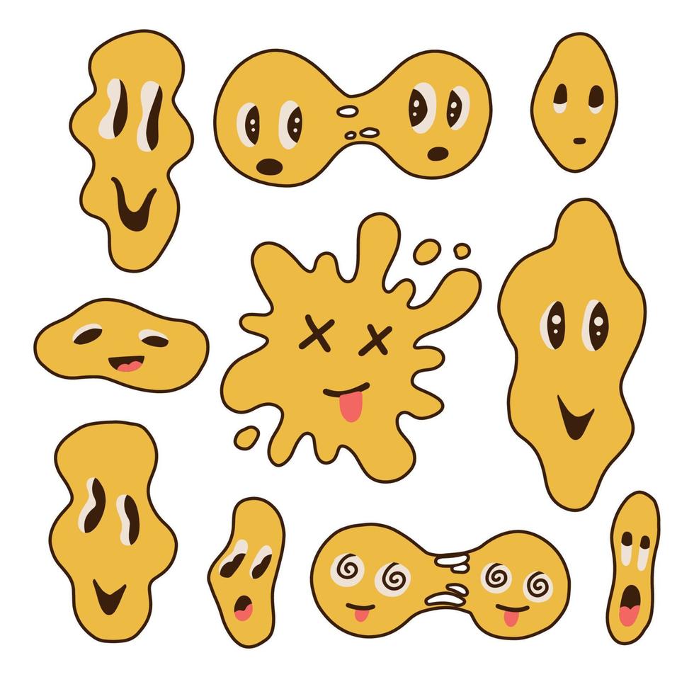 bif set grappige retro smeltende gekke en druipende gezichten. vervormde graffiti psychedelische emoji. hippie groovy smile karakters collectie. positieve gezichtsuitdrukkingen. hand getekende vector