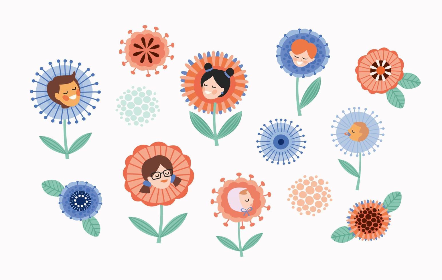 vector set van kinderen in bloemen. ontwerpelement voor kaart, poster, banner en andere.