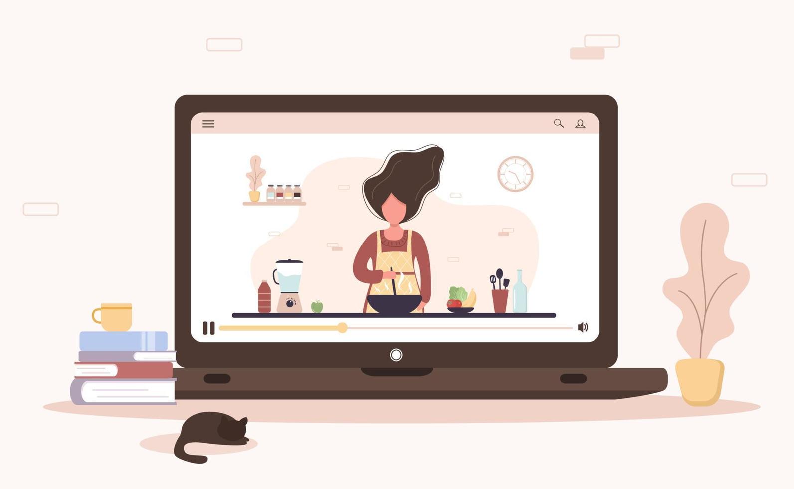 kookschool. online culinaire masterclass. meisje dat zelfgemaakte maaltijden bereidt voor lunch of diner. de chef-kok leert koken. thuis leren. platte cartoon vectorillustratie. vector