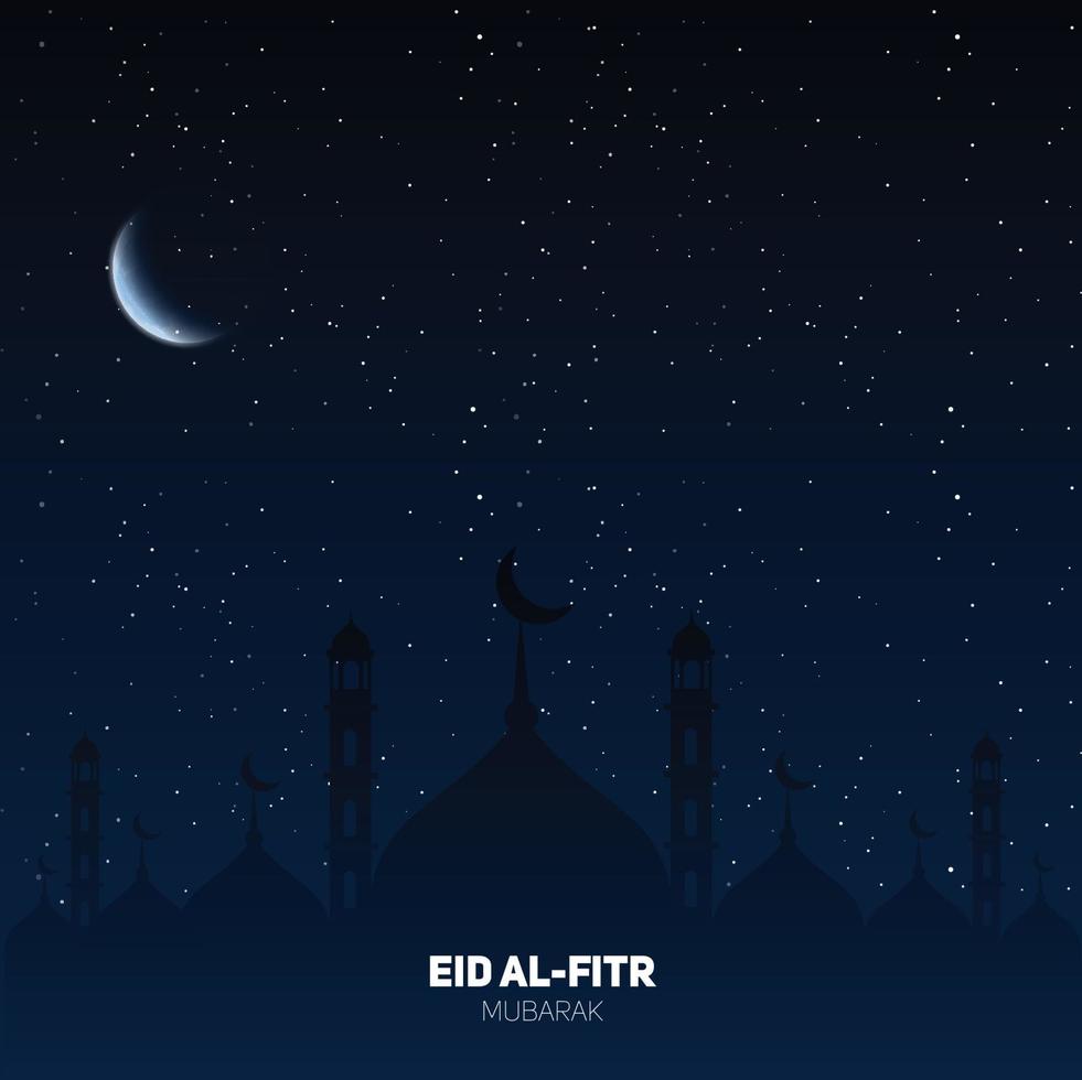 glanzende eid mubarak sjabloonillustratie met moskee nacht achtergrond vector