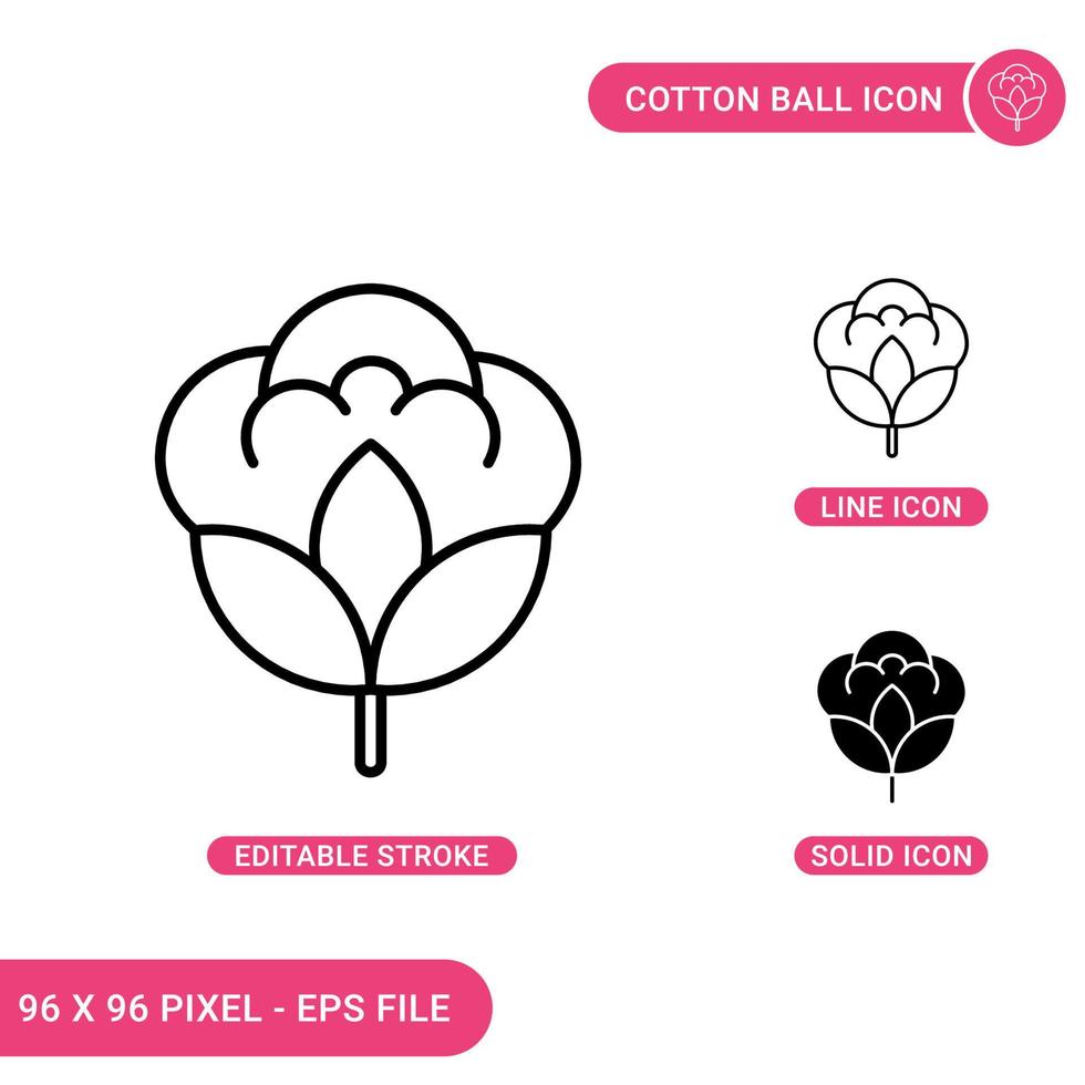 katoenen bal pictogrammen instellen vectorillustratie met solide pictogram lijnstijl. katoen bloem concept. bewerkbaar slagpictogram op geïsoleerde achtergrond voor webdesign, infographic en ui mobiele app. vector