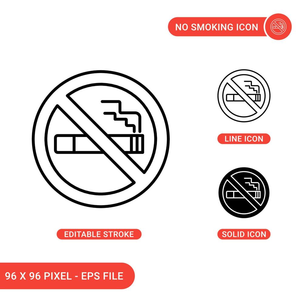 niet roken pictogrammen instellen vectorillustratie met solide pictogram lijnstijl. rookverbod concept. bewerkbaar slagpictogram op geïsoleerde achtergrond voor webdesign, infographic en ui mobiele app. vector