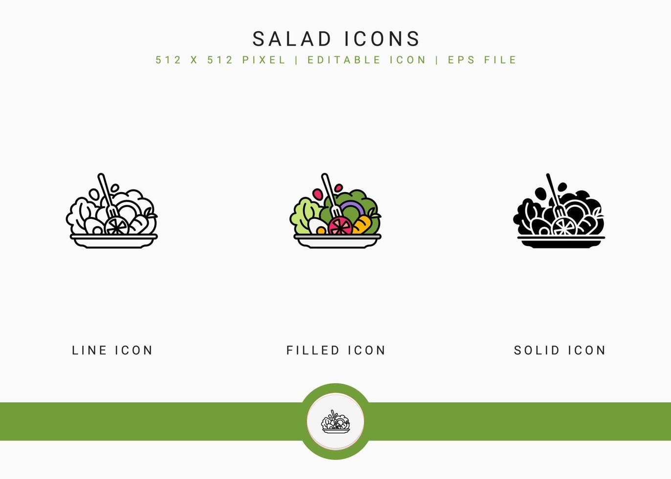 salade pictogrammen instellen vectorillustratie met solide pictogram lijnstijl. vegetarisch dieet voedselconcept. bewerkbaar lijnpictogram op geïsoleerde witte achtergrond voor webdesign, gebruikersinterface en mobiele applicatie vector