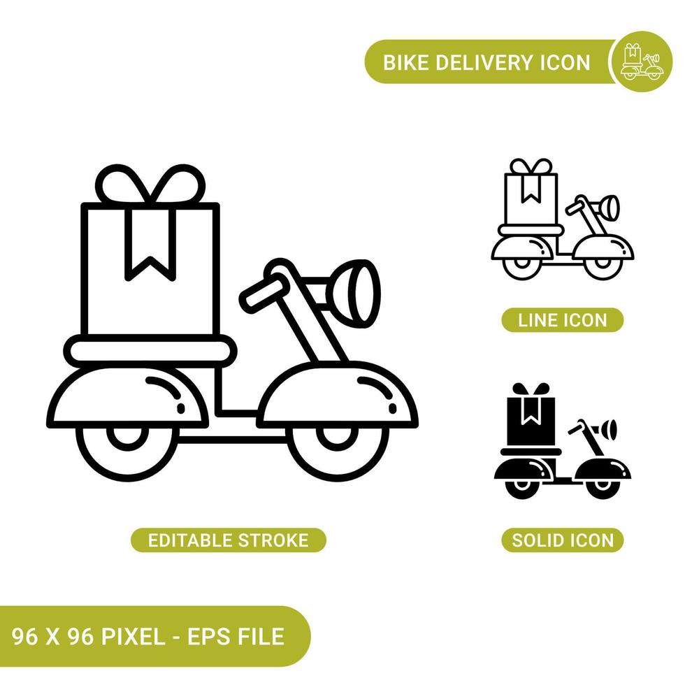 levering pictogrammen instellen vectorillustratie met solide pictogram lijnstijl. fiets leveren voedselconcept. bewerkbaar slagpictogram op geïsoleerde achtergrond voor webdesign, infographic en ui mobiele app. vector